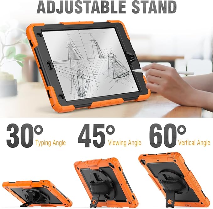 HXCASEAC Rugged Case for iPad Pro 9.7, iPad Air 2, 9.7 inch, Full Body Protective Design with Pencil Holder, Built-in Screen Protector, Rotating Stand, Hand Strap, for iPad Air 2 Hard Case (Orange)
