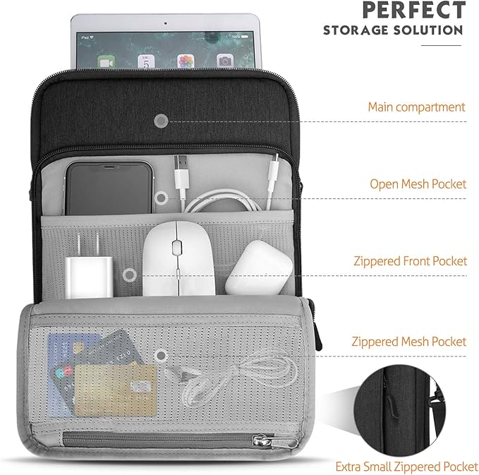 MoKo 9-11 Inch Tablet Sleeve Bag Carrying Case with Storage Pockets Fits New 11-inch iPad Air M4 2026/iPad Pro M5, iPad Pro/A16 11, iPad Air 5/4th 10.9, iPad 9/8th 10.2, Tab S8/S9 11,Black & Gray