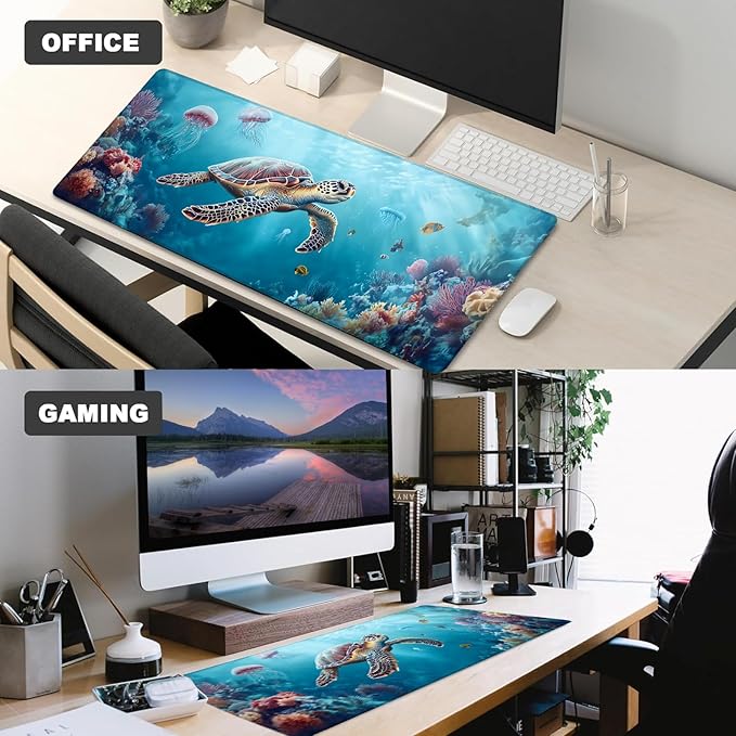 Sea Turtle Gaming Mouse Pad – 12x31.5in Large Extended Desk Mat with Underwater Marine Life Design – Non-Slip Rubber Mousepad for Office Home – Deskmat Gifts for Ocean Lovers Decor