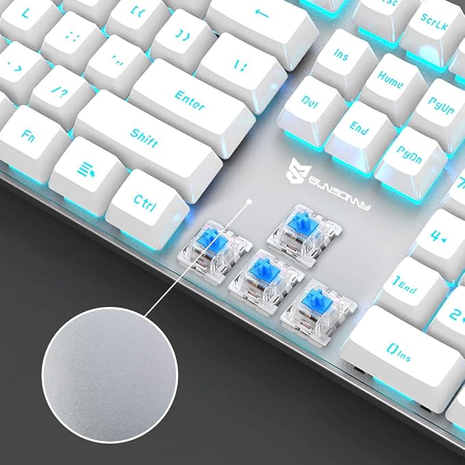 Merdia Hot Swappable 104 Keys Full Size Mechanical PC Gaming Keyboard | Blue Switch White Mechanical Wired Computer Keyboards | LED Backlit 104 Keys US Layout Light Up Wired Gaming Keyboard