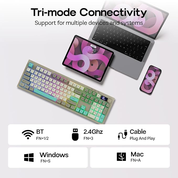 EPOMAKER Aula S102 PRO Membrane Gaming Keyboard with TFT Screen, Volume Knob & Number Pad, BT/2.4G/USB, RGB Backlit, Creamy Silicone Structure, Silent Keyboard for PC Game/Office (Grey)