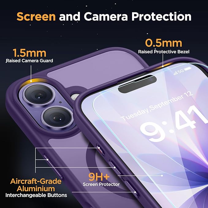 Miracase Magnetic for iPhone 17 Case (Compatible with MagSafe) with Screen Protector Military-Grade Protection, Anti-Fingerprint Translucent Matte Phone Cover for iPhone 17 6.3 inch, Dark Purple