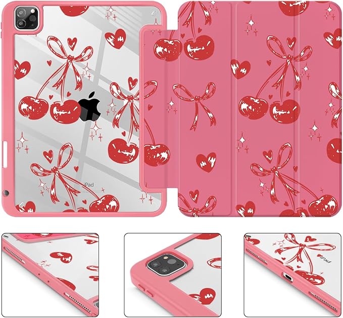 Mektron Case for iPad Pro 11 inch (4th, 3rd, 2nd & 1st Gen) 2022 2021 2020 2018, Buit in Pencil Holder with Shockproof Cover Clear Shell + Trifold Stand + Auto Wake/Sleep, Cherries Bows C388