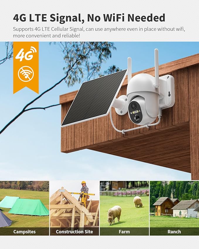 Ebitcam 4G LTE Cellular Security Camera Includes SIM Card(Support Verizon/AT&T/T-Mobile), 2K Solar Outdoor Cam Wireless Without WiFi Needed, 360° Live View, Color Night Vision