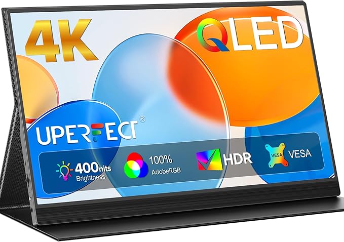 UPERFECT Portable Monitor 4K 15.6" QLED| 400 Nits Laptop Monitor | 3840 * 2160 UHD 100% AdobeRGB | 1MS FreeSync | USB-C & MINI HDMI | VESA & Stand | Travel Second Screen for Computer, Game Consoles