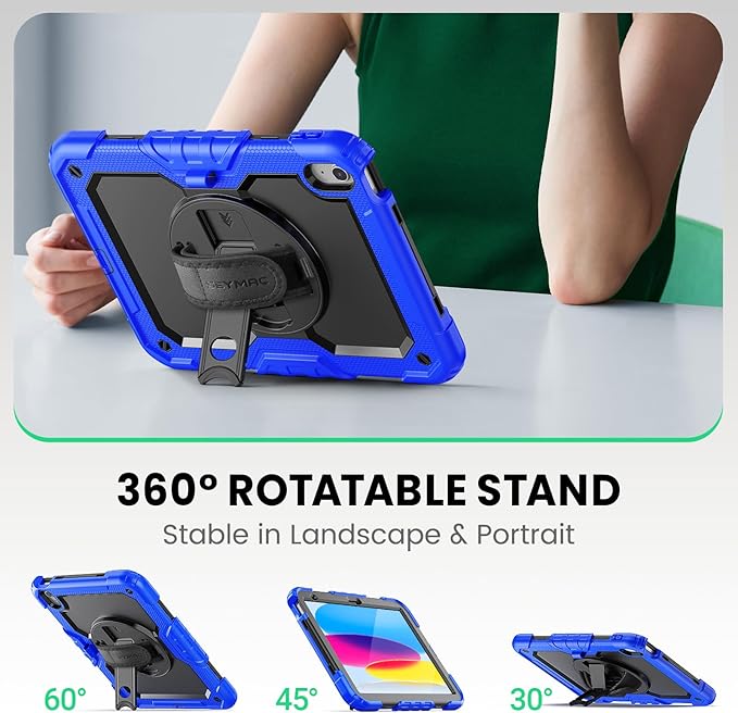 SEYMAC Case for iPad (A16) 11th/10th Generation 2025/2022 (11″/10.9″), Sturdy Heavy Duty Full-Body Shockproof Protective Case with Screen Protector, Rotating Stand, Hand/Shoulder Strap, Black/Blue