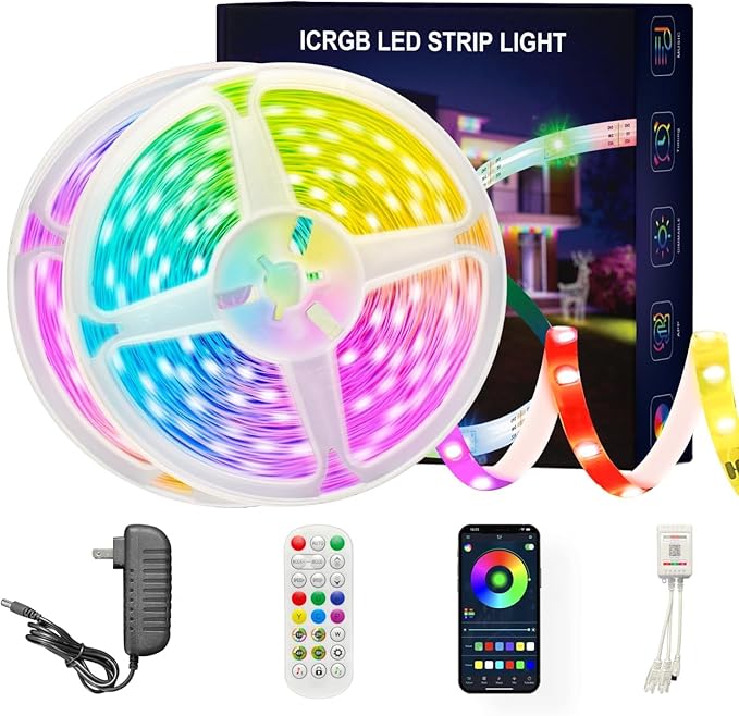 Led Lights for Bedroom 66FT Smart IC+RGB, Music Sync Color Changing Strip Lights, 24Key Remote+App Control Light Strip for BedHead,Underbed,Ceiling,Background Wall