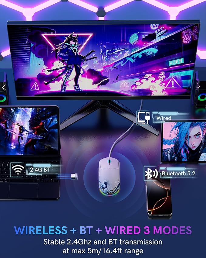 G57 Wireless Gaming Mouse, 8000 DPI, 80g, 2.4G/Bluetooth/USB-C Rechargeable Wireless Mouse with 5 Programmable Buttons for PC/Mac, White