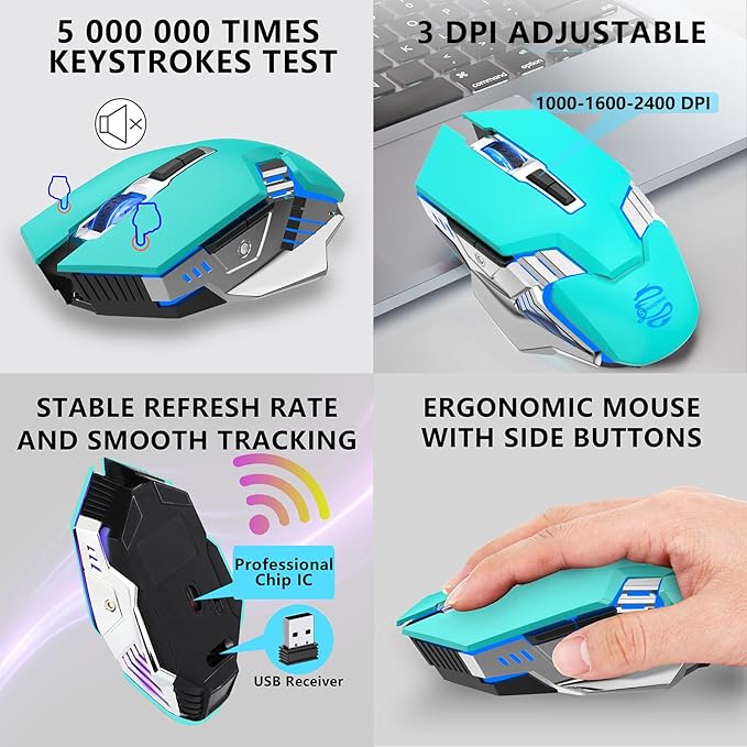 Bluetooth Gaming Mouse, RGB Rechargeable USB Wireless Mouse, Quiet Click, LED Backlit, Ergonomic, with Side Button, 6 Button, DPI Adjustable, Computer Mice for Laptop PC MacBook Chromebook - Green