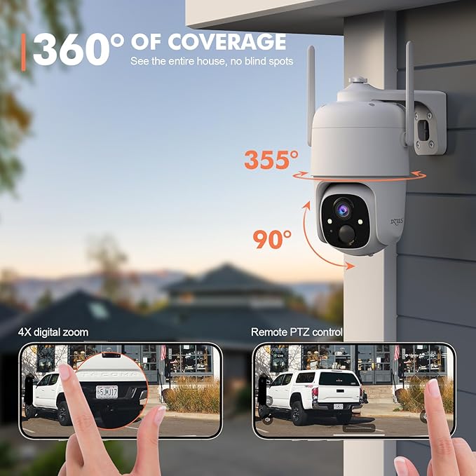Dzees 360° PTZ Security Cameras Wireless Outdoor WiFi, 2K Powered Home Security Camera Indoor, Spotlight & Siren, Color Night Vision, 2-Way Talk, AI Motion Detection, IP66, Cloud Stroage