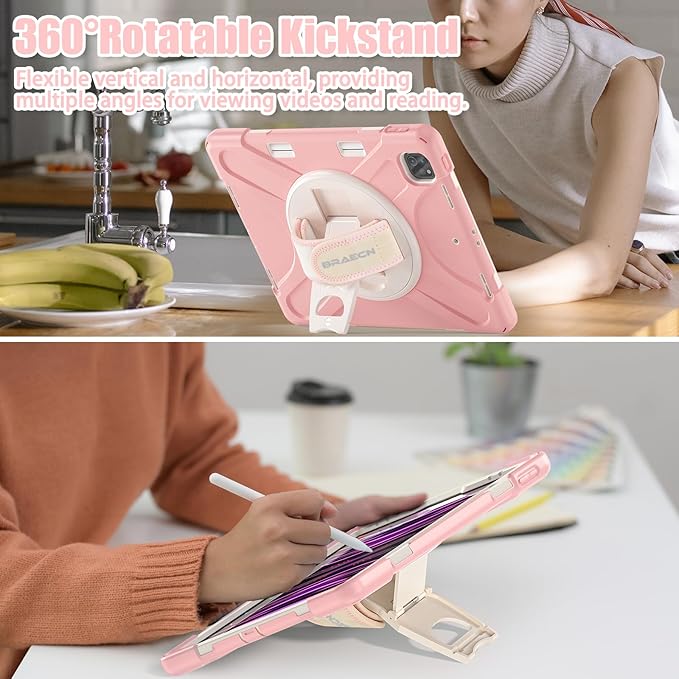 BRAECNstock Case for Apple iPad Air 13 inch (M4/M3/M2)/ iPad Pro 12.9 inch 6th/5th/4th/3rd Gen, Shockproof Protective Case with Pen Holder, 360° Rotating Stand & Hand Strap, Shoulder Strap, Rose Gold