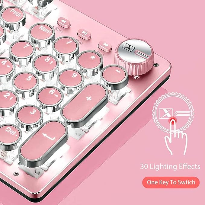 Basaltech Mechanical Gaming Keyboard and Mouse Combo, Retro Steampunk Vintage Typewriter-Style Keyboard with LED Backlit, 104-Key Anti-Ghosting Blue Switch Wired USB Metal Panel Round Keycaps, Pink