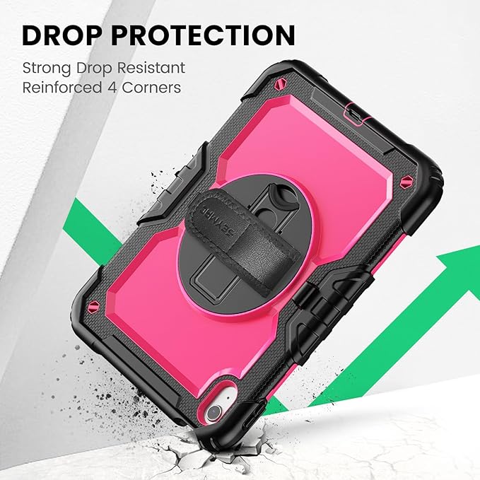 SEYMAC Case for iPad (A16) 11th/10th Generation 2025/2022 (11″/10.9″), Sturdy Heavy Duty Full-Body Shockproof Protective Case with Screen Protector, Rotating Stand, Hand/Shoulder Strap, Pink