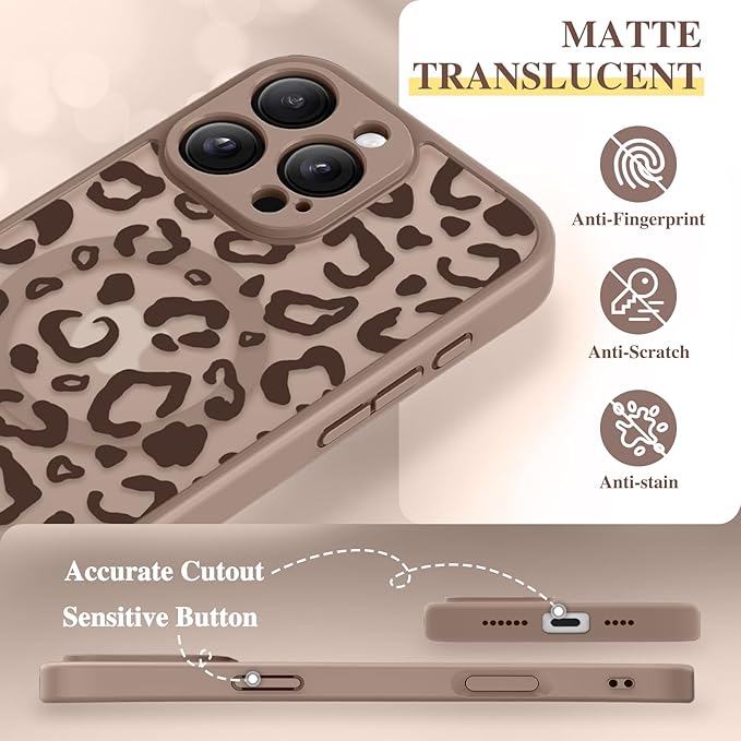 GVIEWIN for iPhone 16 Pro Max Case Compatible with MagSafe, [Military Grade Protection] [Screen Protector] Full Camera Protection Floral Translucent Women Magnetic Phone Case, Leopard/Brown