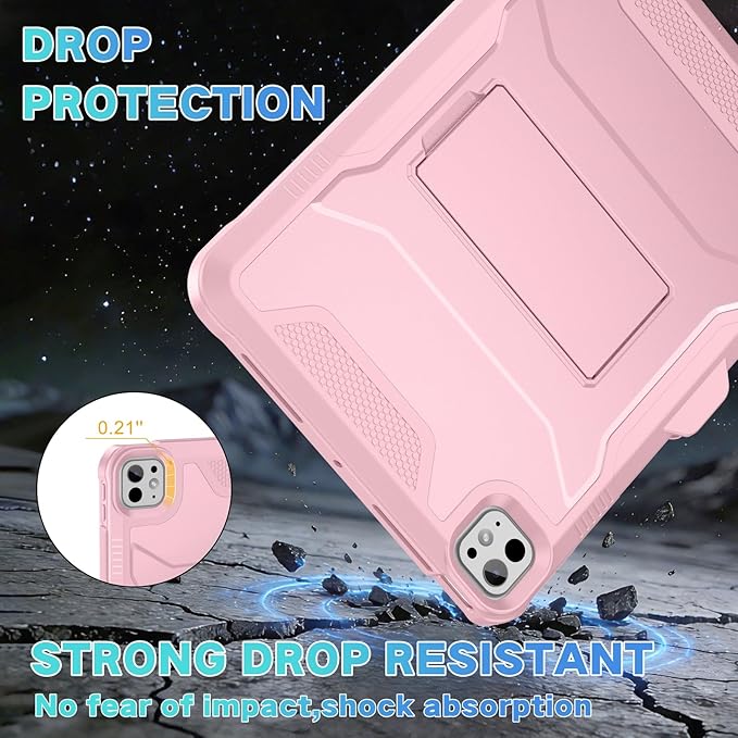 Soke Case for iPad Pro 11 Inch (M5) 2025/ (M4) 2024, with Built-in Screen Protector & Kickstand, Rugged Full Body Heavy Duty Protective Cover with Pencil Holder - Pink