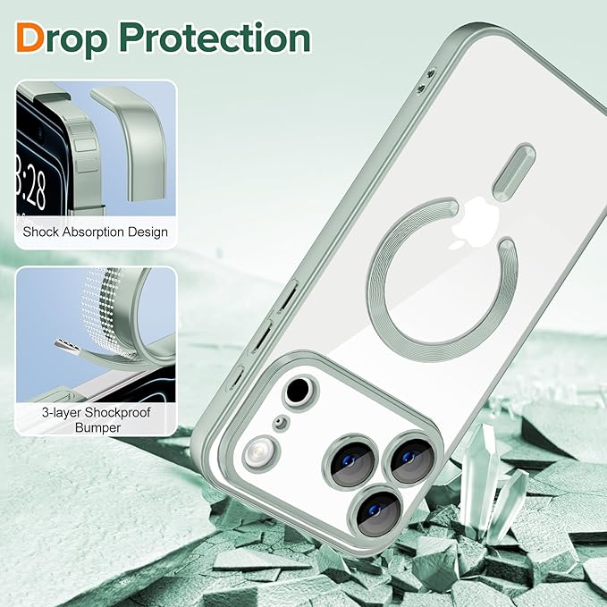 Hython Magnetic Clear for iPhone 17 Pro Case with Camera Lens Protector [Compatible with MagSafe] Luxury Plating Edge Slim Soft TPU Cover Protective Phone Case for iPhone 17 Pro 6.3", Matte Mint
