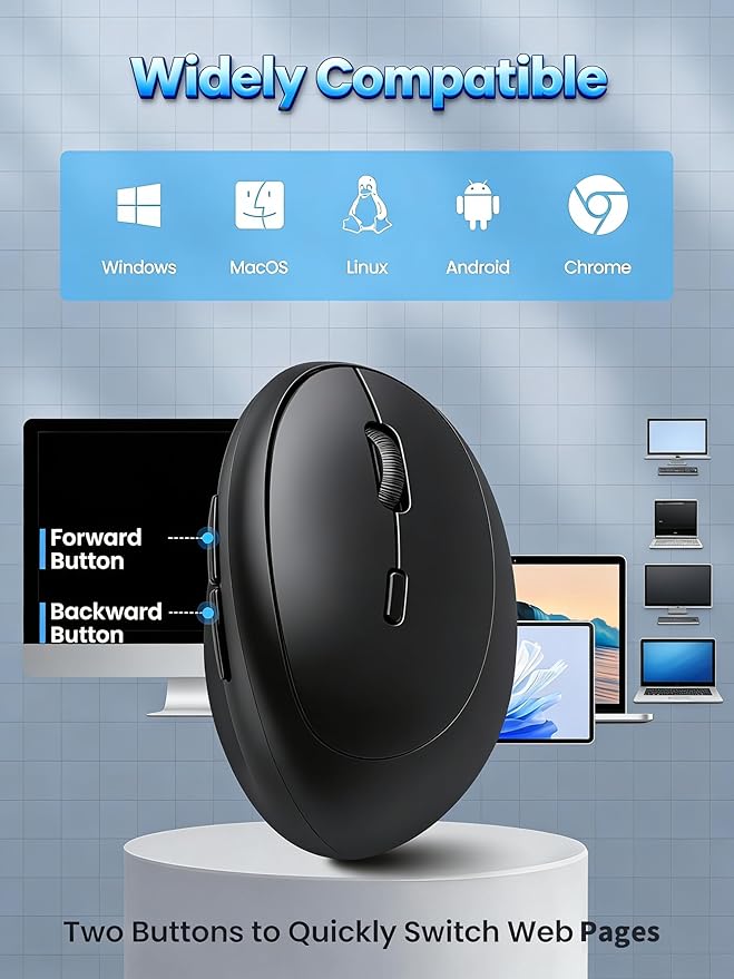 Ergonomic Mouse, Bluetooth Wireless Vertical Mouse, Rechargeable Battery, Quiet Clicks, DPI Adjustable, BT5.0/3.0 & 2.4G Connect, Easy to use, Wide Compatibility (Black)