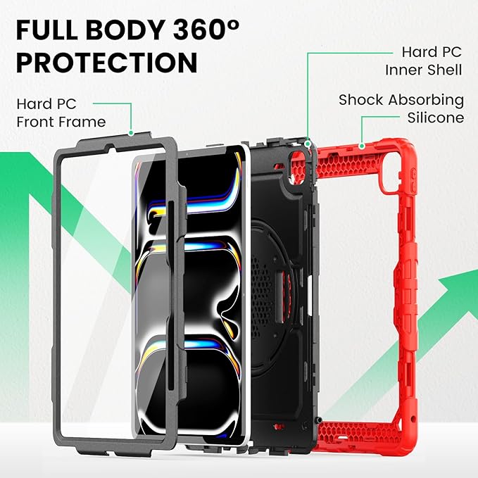SEYMAC Case for iPad Pro 13 Inch M5 2025 / M4 2024, Heavy Duty Shockproof Protective Case with Screen Protector, 360° Rotating Stand, Hand/Shoulder Strap and Pen Holder, Red