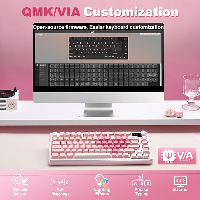 YUNZII B75 PRO MAX QMK/VIA Wireless Mechanical Keyboard,75% Layout with Screen and Knob,Hot Swap Gasket,Creamy Pre-lubed Switches,Bluetooth/Type-C/2.4G for Win/Mac (Pink Heart,Cocoa Cream V2 Switch)