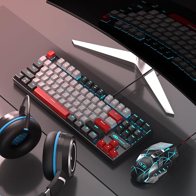 MageGee 75% Mechanical Gaming Keyboard, Blue Switch, LED Backlit, 87 Keys Compact TKL Wired Computer Keyboards for Windows Laptop PC Gamer - Grey/Black