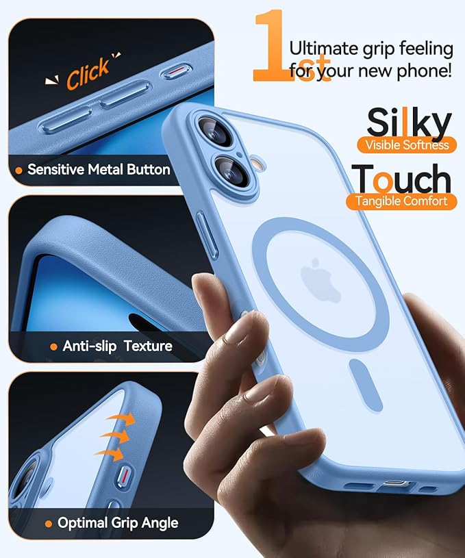 CANSHN Magnetic for iPhone 16 Plus Case, Upgraded [Full Camera Protection] [Compatible with Magsafe] [Translucent Matte] Shockproof Protective Phone Case for iPhone 16 Plus - Light Blue