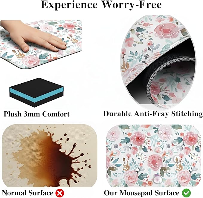 UJoowalk XL Extended Mousepad (35.3 x 15.7 Inch), Large Botanical Desk Mat, Pastel Pink Peony & Green Leaf Design, Waterproof Keyboard Surface, Aesthetic Work Accessories