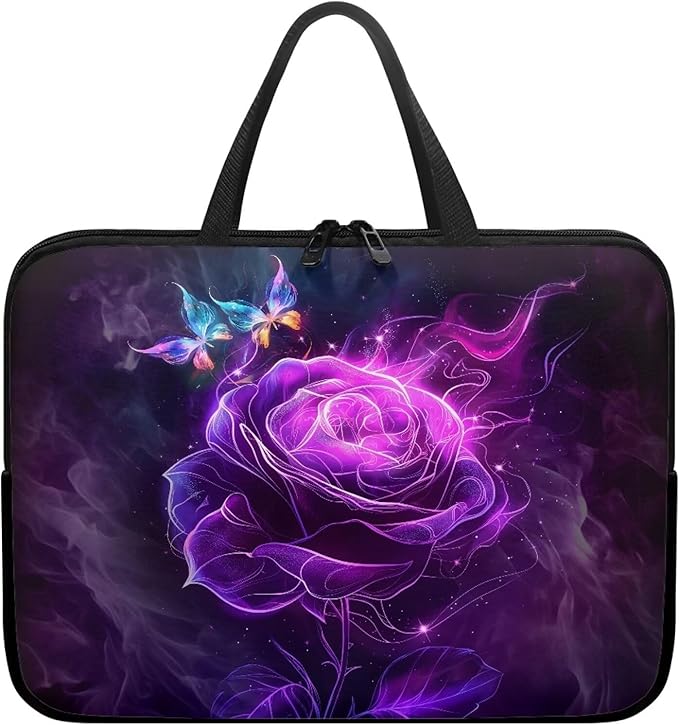 Purple Rose Butterfly Laptop Sleeve 12 Inch, Laptop Tote Bag for Women Girls, Waterproof Computer Tablet Handbag Case with Handle, Carrying Case Laptop Cover for Travel/Business/School