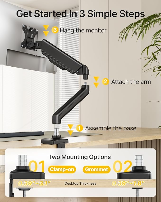 monTEK Heavy Duty Single Monitor Arm for 17-32” Flat/Curved Screens, Premium Mechanical Spring Monitor Arm up to 19.8 lbs, Full Motion Monitor Desk Mount with Quick-Release VESA Plate, Clamp/Grommet