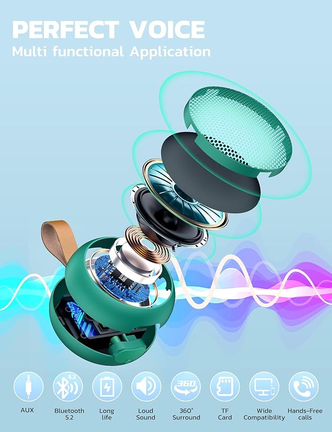 IPX7 Waterproof Bluetooth Speaker, 10W Loud Sound Portable Wireless Speaker with Bluetooth 5.3, TF Card, Built-in Mic, 12H Playtime for Shower Beach Camping Hiking Pool, Green