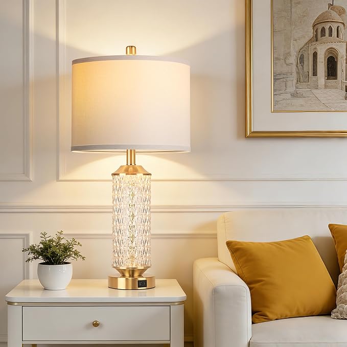 QiMH Gold Lamps for Living Room with LED Night Light,26" Modern Beside Lamps Set of 2 with Linen Shade & USB A+C Ports,Glass Table Lamps for Bedroom, Nightstand, Office, Home Decor(2 Blubs Included)