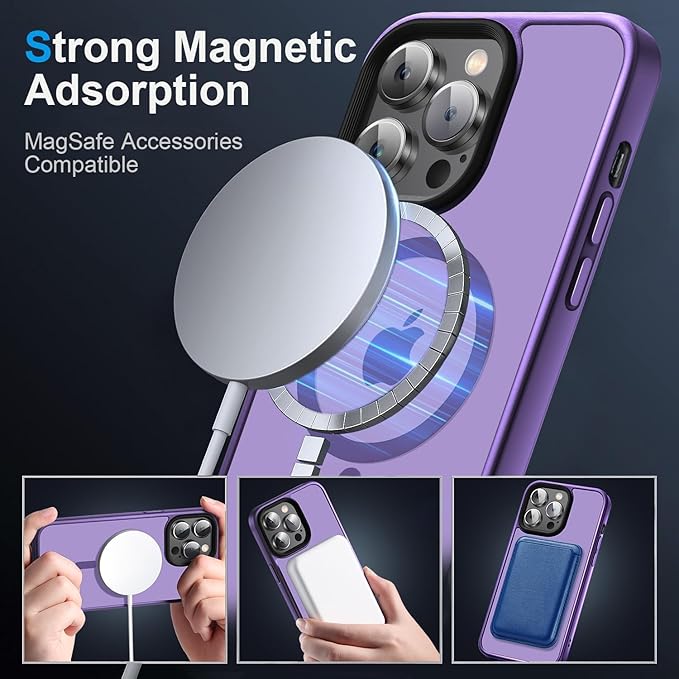 Magnetic Case for iPhone 14 Pro Max Case [10FT-Grade Drop Tested & Compatible with MagSafe] Translucent Anti-Fingerprint Anti Shockproof Protective Shell 6.7 Inch, Deep Purple