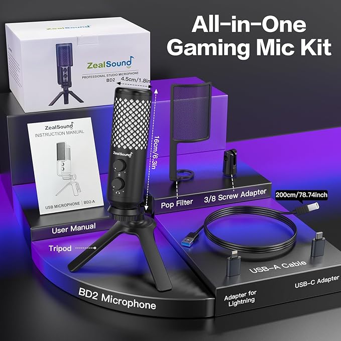 ZealSound Podcast Microphone for PC/Mac/iPhone/Phone – 96kHz/24bit USB Condenser Mic with Noise Reduction, Tap-to-Mute, Gain Control, Zero-Latency Monitor, RGB Light for Streaming, Gaming, Recording