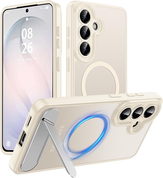 Magnetic for Samsung Galaxy S26 Case, [Compatible with MagSafe][Full Camera Protection][Built-in Invisible Kickstand] Translucent Matte Phone Case for S26 6.3" - White