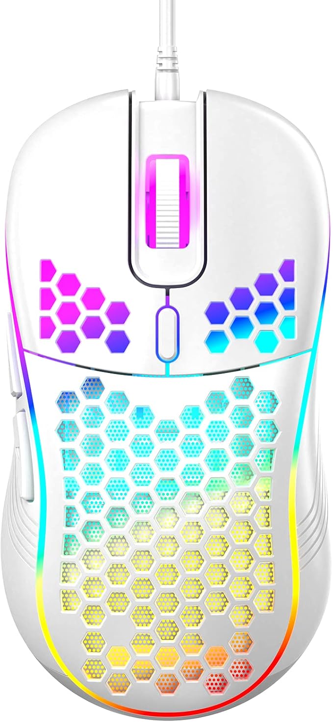 Techsea Honeycomb Wired Gaming Mouse with RGB On/Off Switch, 7200 Adjustable DPI, Ergonomic Lightweight Design & High Precision Sensor for PC/Mac Gamers (White)