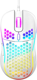 Techsea Honeycomb Wired Gaming Mouse with RGB On/Off Switch, 7200 Adjustable DPI, Ergonomic Lightweight Design & High Precision Sensor for PC/Mac Gamers (White)