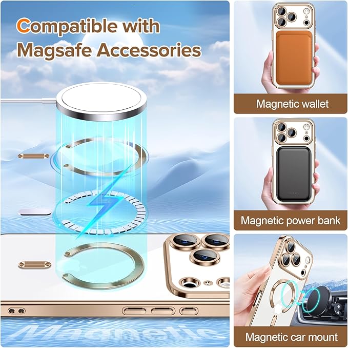 Hython Magnetic Clear for iPhone 17 Pro Case with Camera Lens Protector [Compatible with MagSafe] Luxury Plating Edge Slim Soft TPU Cover Protective Phone Case for iPhone 17 Pro 6.3", Desert Brown