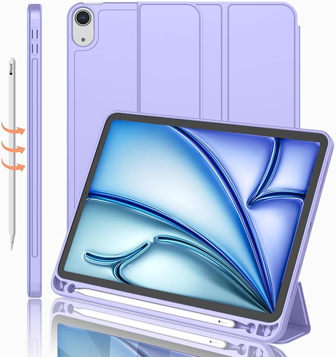 iMieet iPad Air 11 Inch Case M4/M3/M2(2026/2025/2024), iPad Air 5th/4th Generation Case 2022/2020 10.9 Inch with Pencil Holder,Trifold Stand Smart Case with Soft TPU Back(Light Purple)