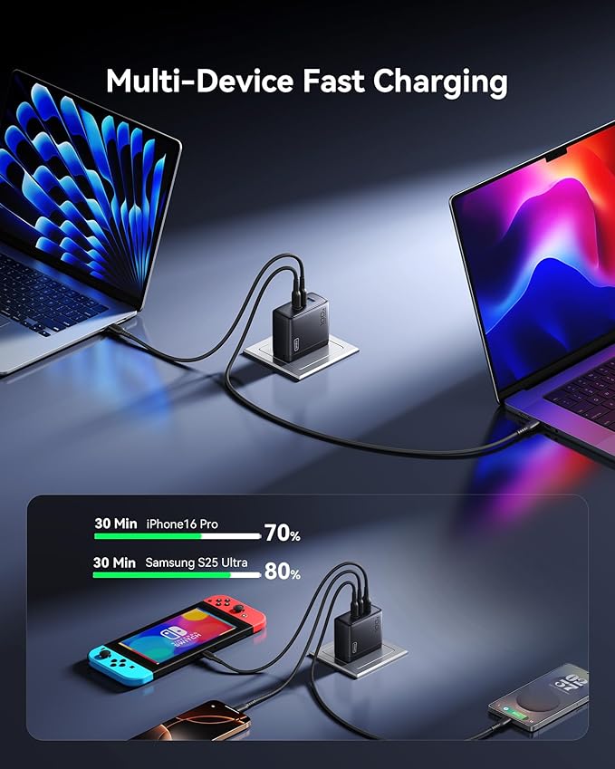 INIU USB C Charger Block, 100W GaN Fast Charging, 3-Port Compact Foldable Travel Laptop Charger with Type C Cable, Power Adapter for Mac Book Air Pro 15 14, iPhone 17 16 Pro Max Samsung S26 S25 Ultra