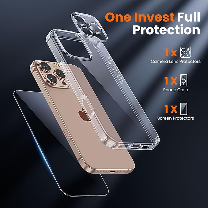 toushion 3 in 1 for iPhone 16 Pro Max Case Clear,[Yellowing-Resistant Acrylic Back] Screen Protector *1 & Camera Lens Protector*1, Shockproof for iPhone 16 Pro Max Phone Case 6.9 inch Clear