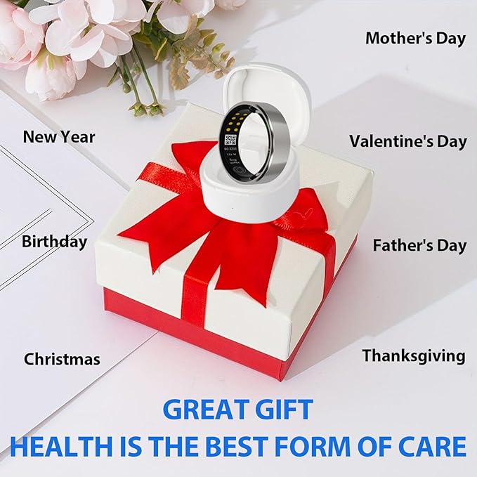 Smart Ring Health Tracker with Free Subscription, Fitness Sleep Heart Rate Blood Oxygen Tracking Ring with Charging Case,Great Gift,Silver,US E