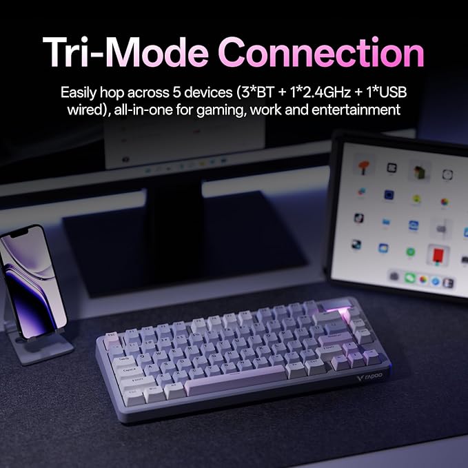 Rapoo V700DIY-75 Wireless Mechanical Keyboard, BT5.0 + 2.4GHz, Hot Swappable Custom Gaming Keyboard, Speed Silver Linear Switch, 16.8M Per-Key RGB, Gasket Mount, Creamy Sound, Full NKRO Anti-Ghosting