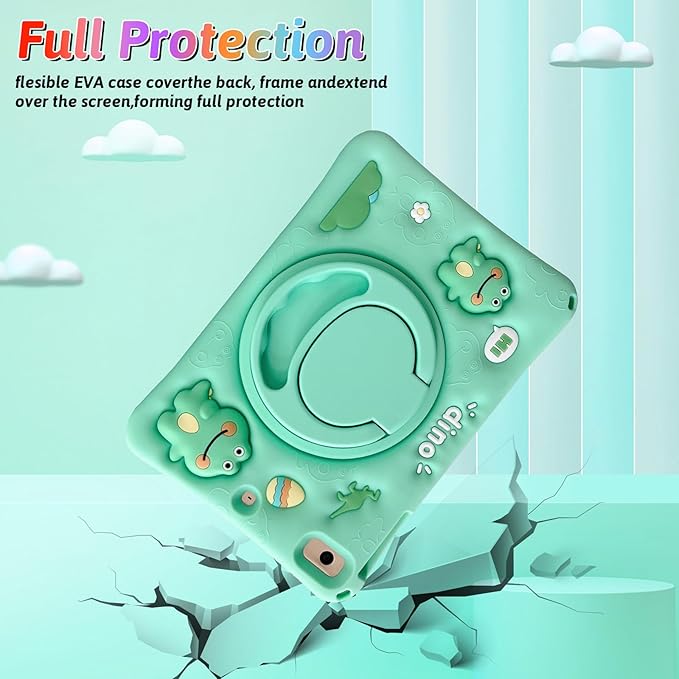 Dteck for iPad 9th/8th/7th Generation Case 10.2",Cute Cartoon Funda 3D Unique Design Light Rotating Handle Stand Shoulder Strap Soft Silicone Drop Rugged Shockproof Protective Kid-Proof Case,Dinosaur