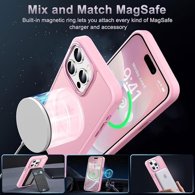 Newfuture Upgraded Magnetic for iPhone 15 Pro Max Case [Compatible with Magsafe] [Mil-Grade Protection], Pocket-Friendly, Slim Translucent Phone Case Cover for iPhone 15 Pro Max 6.7", Chalk Pink