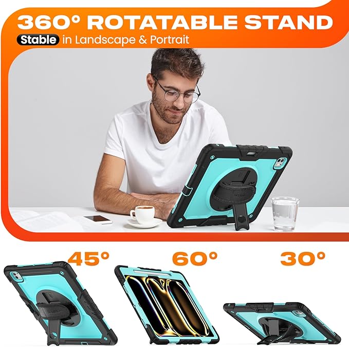 SEYMAC stock Case for iPad Pro 13-inch M5-M4 2025-2024, Shockproof Heavy Duty Case with Screen Protector, Pencil Holder, Rotating Stand, Hand Strap, Shoulder Strap, SkyBlue