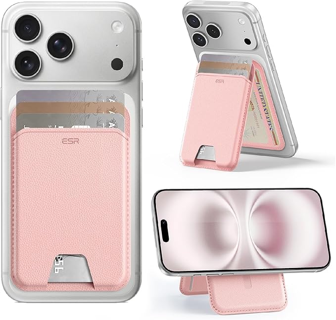 ESR Upgraded Aura for MagSafe Wallet, 5 Card Holder with Adjustable Stand, Magnetic Wallet for iPhone 17e/17/16/15/14/13/12 Series, Not for iPhone 13/12 Mini, Vegan Leather, Pink
