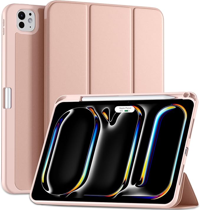 Kidopire New Compatible with iPad Pro 11 Inch Case (M4 2024/M5 2025) with Pencil Holder, Smart Cover with Protective Trifold Stand & Soft TPU Back, Auto Wake/Sleep, Support Pencil Pro, Rose Pink