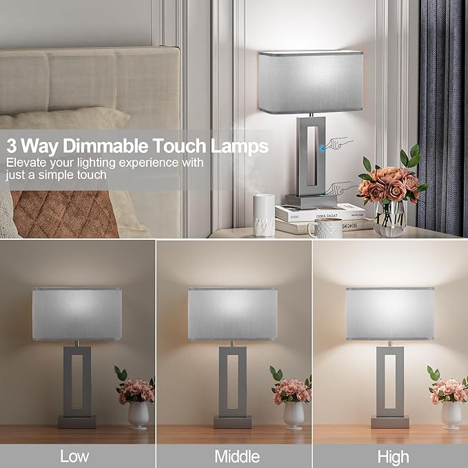 Seealle Bedroom Table Lamps Set of 2 - Grey Touch Bedside Lamps with USB C+A, 3 Way Dimmable Gold Lamp for Nightstand, Modern Night Stands Lamps for Living Room End Tables