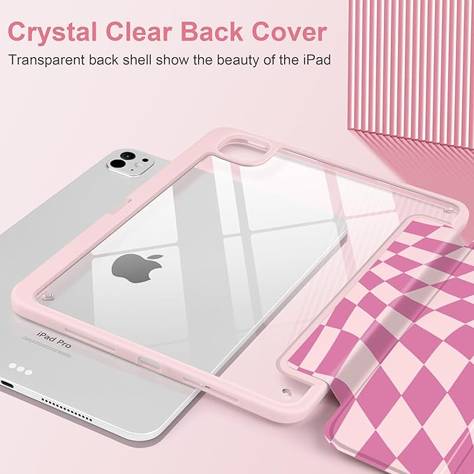 TWOLSKOO Case for iPad Pro 11-inch (M5 2025 / M4 2024), Clear Acrylic Back with TPU Bumper, Pencil Holder, Trifold Stand, Auto Sleep/Wake, Pink Wavy Checker
