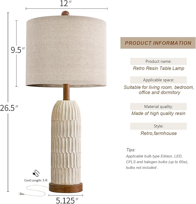 OYEARS 26.5" Bedside Table Lamps Set of 2, Farmhouse Table Lamp with USB A+C Charging Ports,Vintage Nightstand Lamp for Bedrooms and Living Rooms, Retro Resin End Table Lamp with Linen Shade, Brown