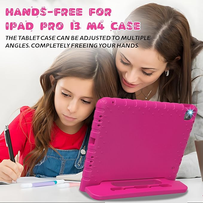 for iPad Pro 13 inch Case 2024, Shockproof Kids iPad 13 Pro Case, Protective Cover for iPad Pro 13 M4 with Pencil Holder, Anti-Slip Handle Stand, Rose Red